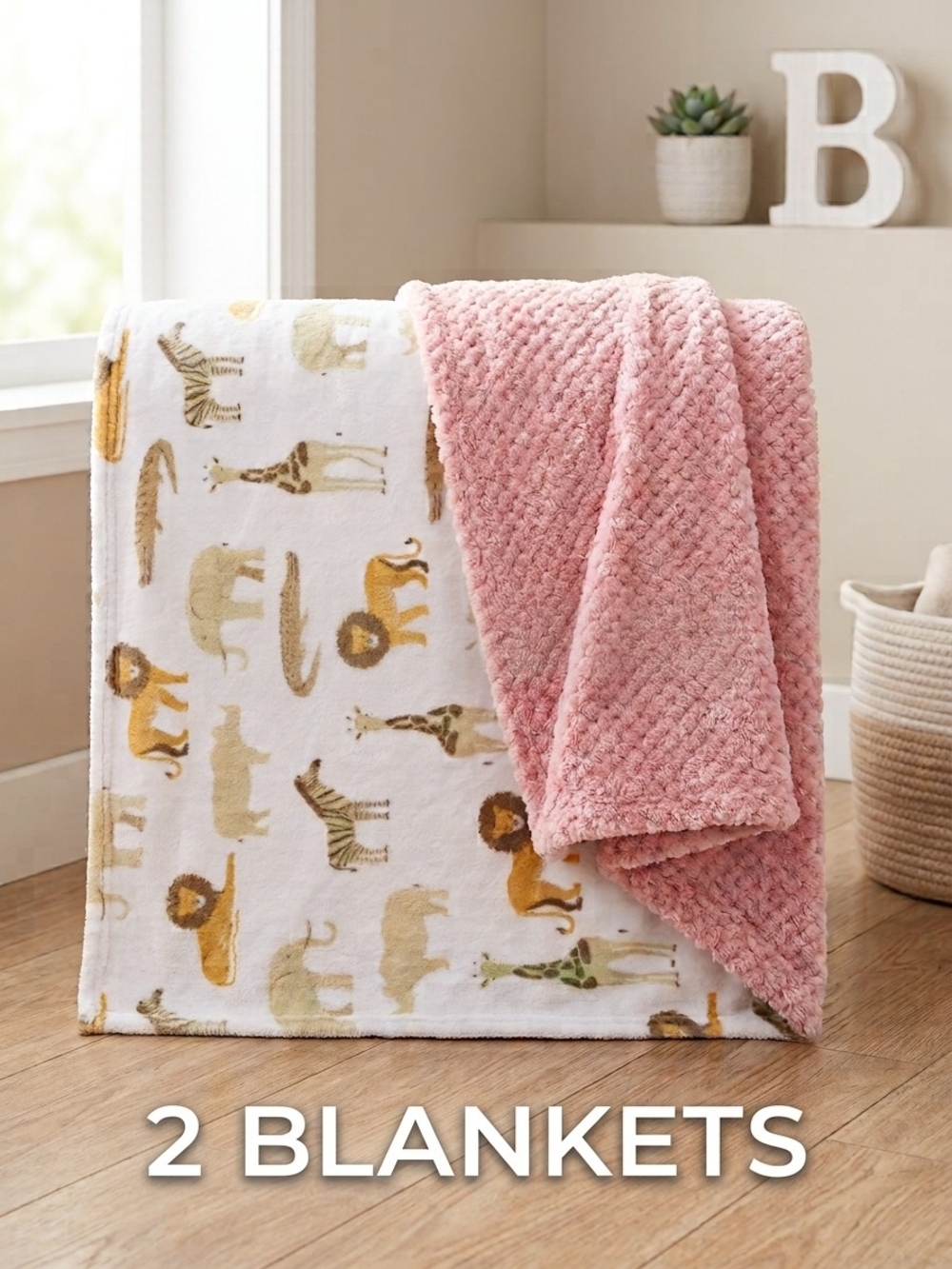 Set of 2 Adirondack Baby Blanket Bundle Pink Popcorn Fleece & Safari Animals